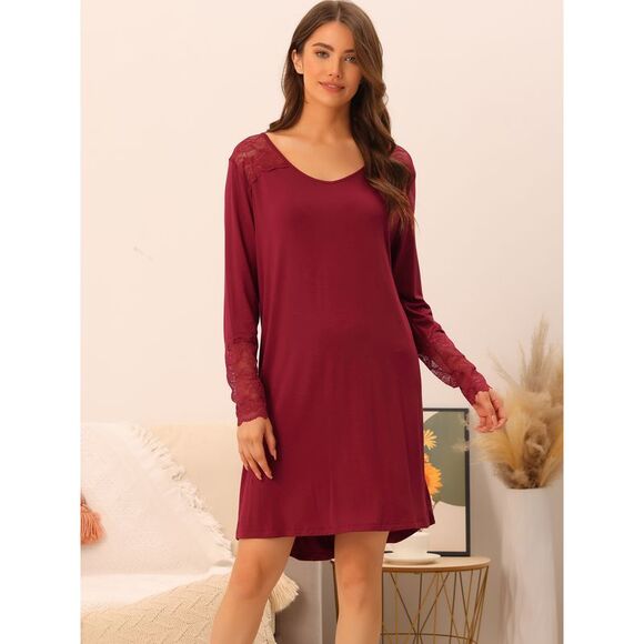 Lace Trim Nightshirt Long Sleeve Pull on Nightgown T-Shirt Dress Wine Red - Picture 2 of 5